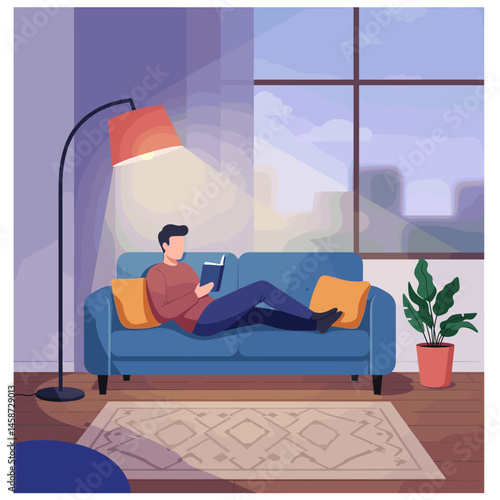 Serene Moment: A person finds solace in a moment of peace, engrossed in a book while lounging on a cozy couch in a warmly lit interior.