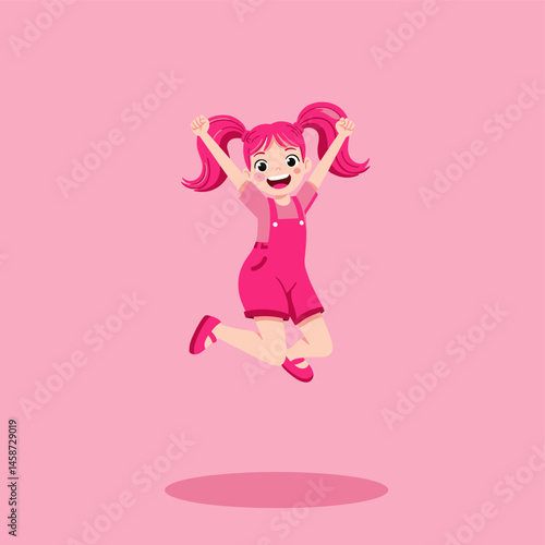 Joyful Leap of a Little Girl: A cheerful little girl in a pink outfit is captured mid-air, radiating unbridled happiness and excitement in a captivating cartoon-style illustration.