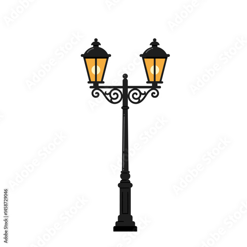 Illuminating the Urban Landscape: An elegant street lamp, its twin lanterns glowing warmly, stands tall against the backdrop of the city, casting a nostalgic light over the night.