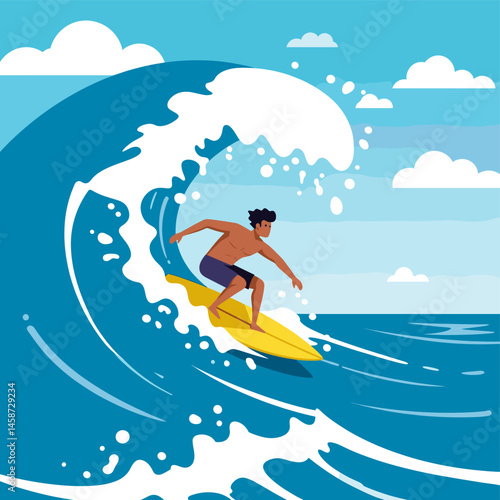Surfer Riding a Wave: A stylized illustration of a surfer skillfully riding a large, powerful ocean wave, demonstrating balance, skill, and the thrill of surfing.