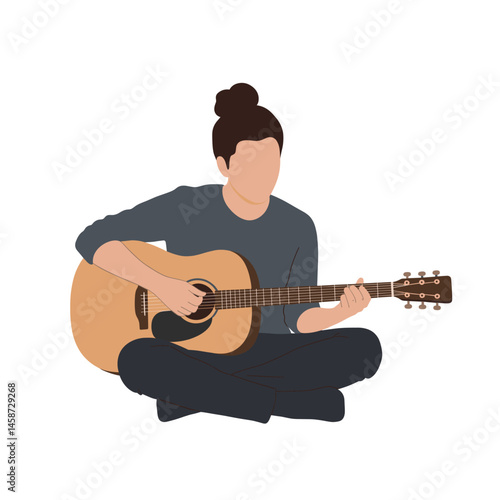 Acoustic Melody: A person, deeply engrossed in playing an acoustic guitar. A moment of musical solitude is encapsulated, evoking feelings of peace.