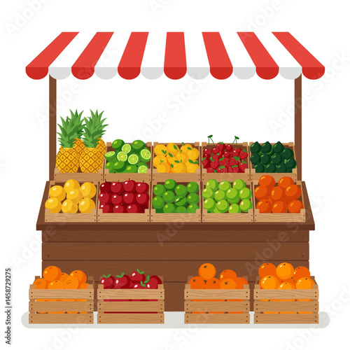 Fresh Market Stall: A vibrant fruit stand, showcasing an array of colorful fruits under a striped awning, embodying the freshness and abundance of a local market.