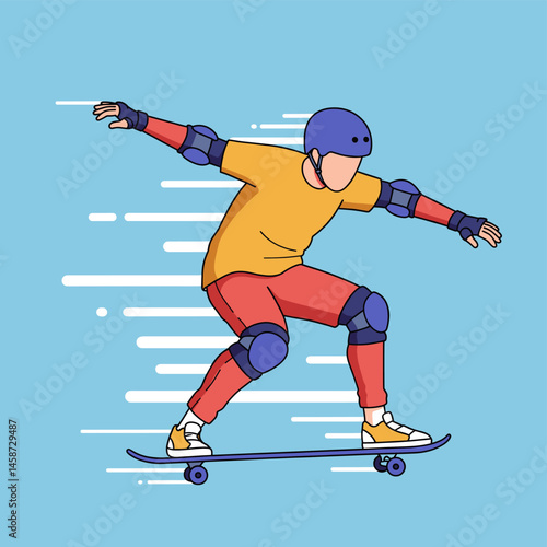 Skateboarder in Motion: A skater swiftly carves through the air on a skateboard, embodying speed and skill, illustrated with vibrant vector graphics and dynamic motion lines.
