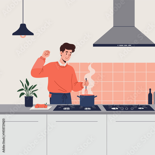 Culinary Creation: A modern kitchen scene, highlighting a person engrossed in the art of cooking, demonstrating creativity and culinary skill with his dish.