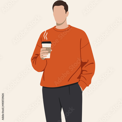 Man with Coffee: An illustration of a man with a warm red sweater holding a steaming cup of coffee in his hand, looking confident and stylish.
