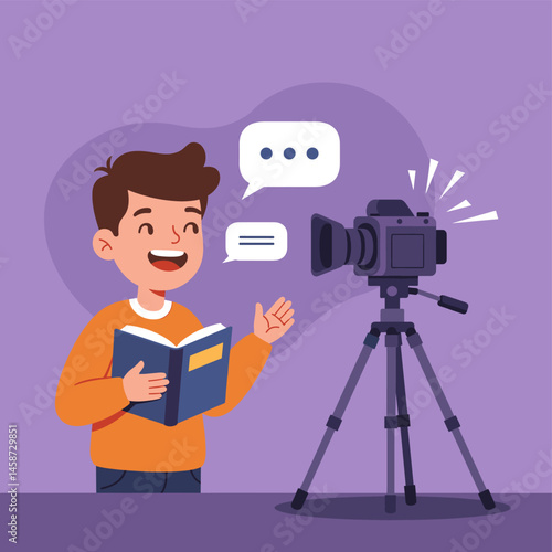 Young creator and his camera: An inspired young individual, radiating enthusiasm, stands before a professional camera, passionately reciting from a book.
