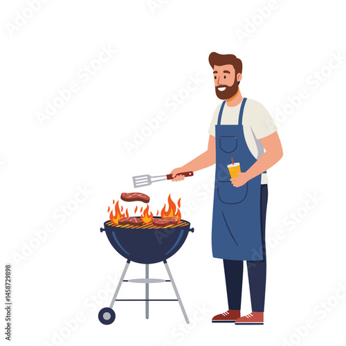 Grilling Enthusiast:  A joyful bearded man,  wearing an apron, effortlessly flips sausages on the barbecue grill.