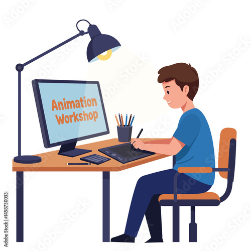Animation Workshop: A young aspiring animator sits focused on a graphic tablet, immersed in the digital realm of animation, taking on a new challenge at a creative workshop.  