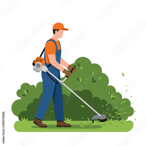 Landscaping worker using string trimmer: A landscaper diligently trims bushes and grass with a string trimmer, showcasing expertise and dedication in maintaining green spaces.