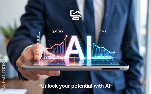Businessperson showcasing AI technology with visual graph showing increased quality and reduced cost for innovation and efficiency