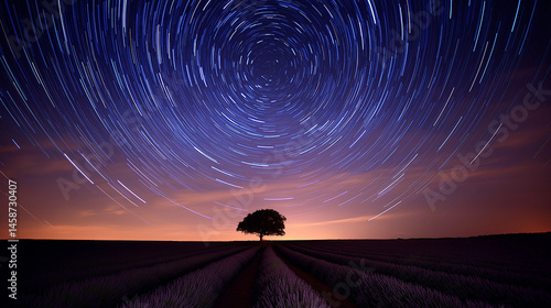 Circular star trails over lone tree in lavender field, long exposure night sky photography, astrophotography, rural landscape, twilight horizon