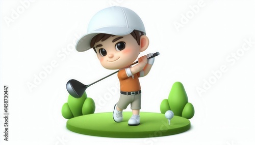 Young golfer swinging a club on a green course animated style outdoor setting