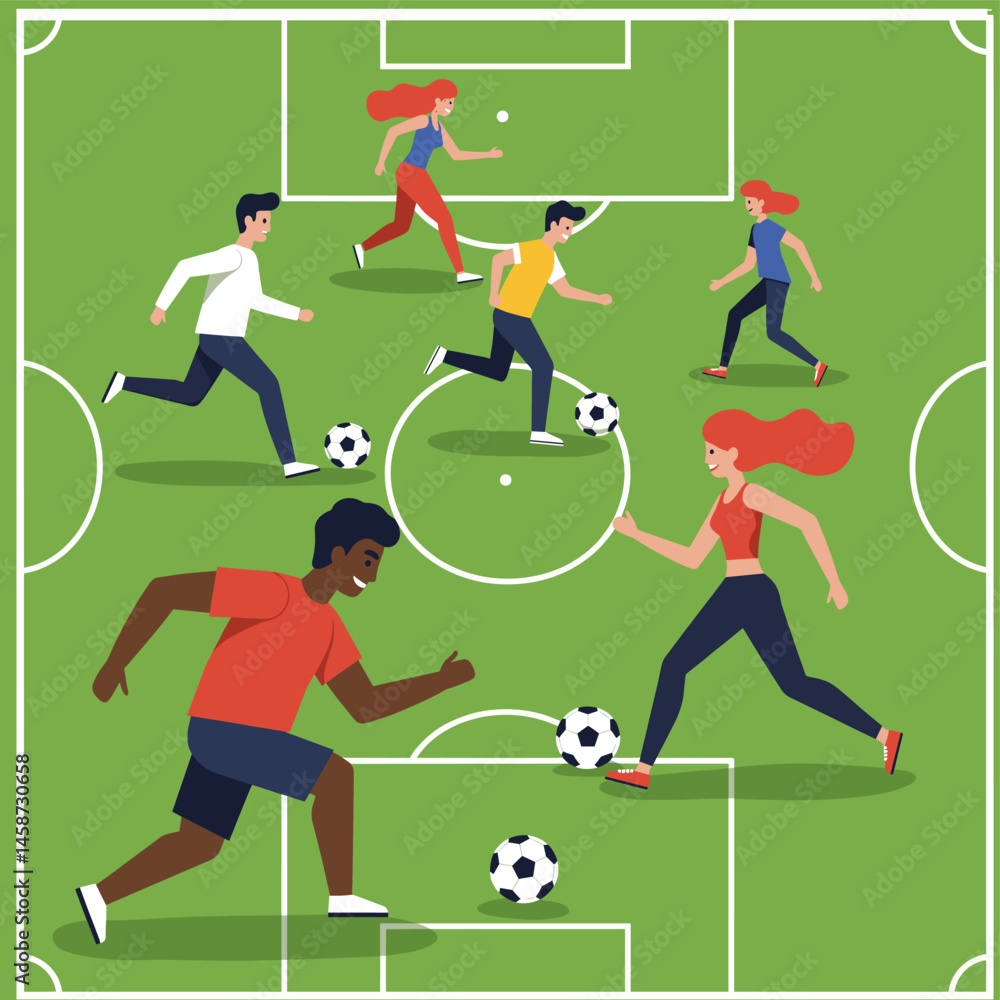 Fototapeta premium Soccer Game Illustration: A vibrant illustration captures the dynamism of a soccer game, showcasing players in action across the green field.