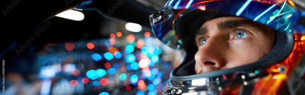 Close-up of Formula One driver eyes, in helmet, conveying deep concentration and readiness. Concept of motorsport, race