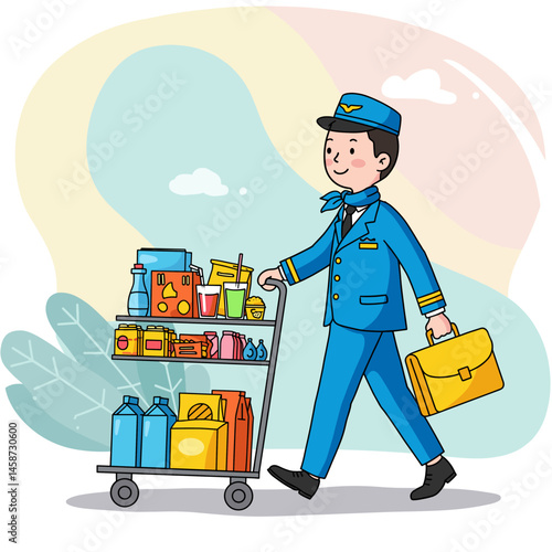 Air Steward Service with Trolley: A professional air steward, clad in a smart uniform, navigates the aisle with a fully-stocked trolley.