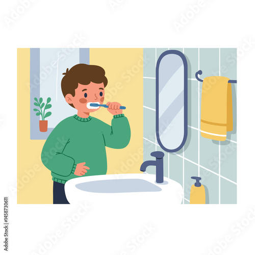 Daily Ritual: A young individual diligently brushes their teeth in a bathroom setting, embracing a healthy daily routine and hygiene.