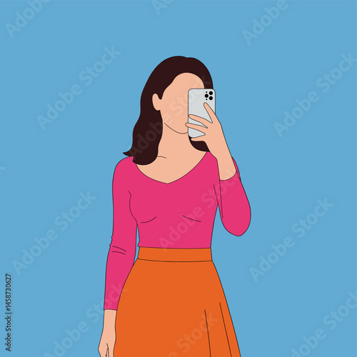 Selfie Moment: A modern woman captures a moment, using a phone, personifying the contemporary culture of self-expression and connection with vibrant colors and a minimalist style.