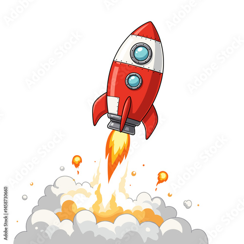 Rocket Launch Illustration: A dynamic illustration of a vibrant red rocket blasting off, leaving trails of fire and smoke, perfect for concepts like innovation and progress.