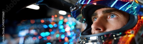 Obraz na płótnie Close-up of Formula One driver eyes, in helmet, conveying deep concentration and readiness. Concept of motorsport, race w salonie