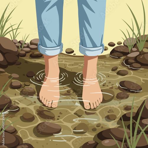 Barefoot Adventure: A person stands ankle-deep in a shallow, rocky stream, relishing the refreshing water, capturing the essence of nature's serenity and the joy of exploration.