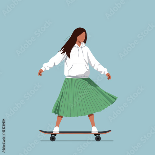 Skateboarding Style: A stylish woman in a white hoodie and a green pleated skirt confidently rides a skateboard, exuding an effortless cool attitude, against a tranquil blue background.