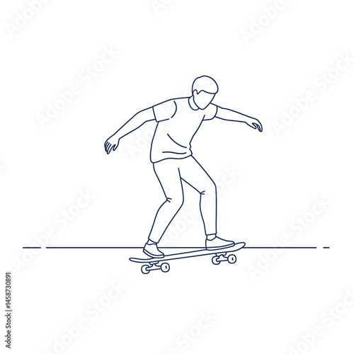 Skateboarder Silhouette: A dynamic line illustration captures the energy of a skateboarder in motion, gliding along a sleek board, embodying freedom and active lifestyle.