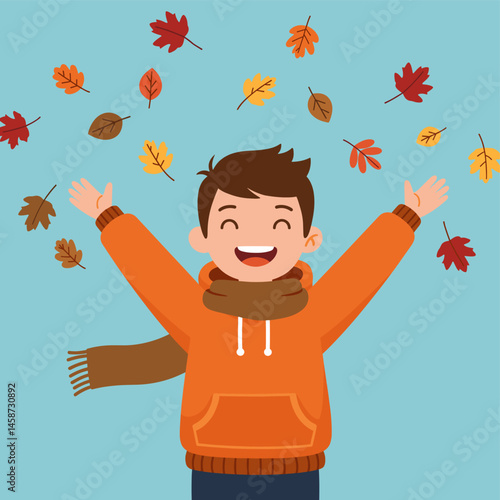 Autumnal Delight: A joyful figure basks in the splendor of autumn, arms wide open to embrace a flurry of falling leaves, captured in a vibrant illustration.