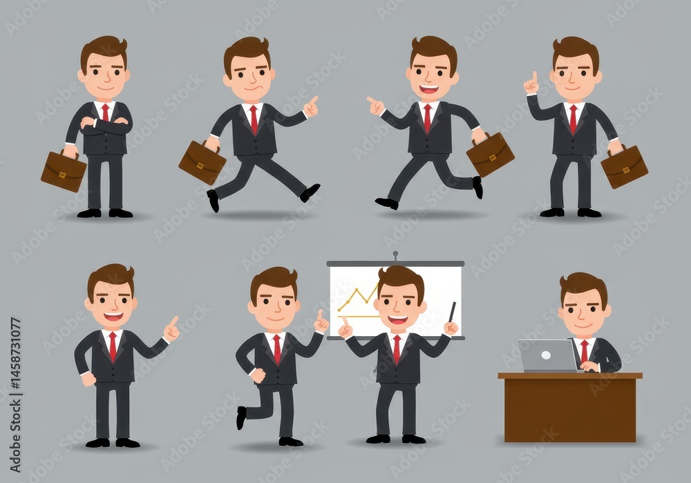 Cartoon businessman in various poses: standing, running, presenting, and working at a desk scene Cartoon businessman in various poses: standing, running, presenting, and working at a desk scene