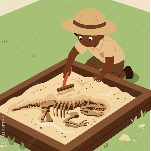 Young Explorer Unearths Ancient Secrets: A curious child, adorned in an explorer's hat, delves into the wonders of paleontology.