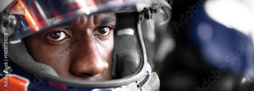 Close-up on male eyes of Formula One driver n helmet, conveying intense focus and preparation for the race. Concept of motorsport, F1 concentration.