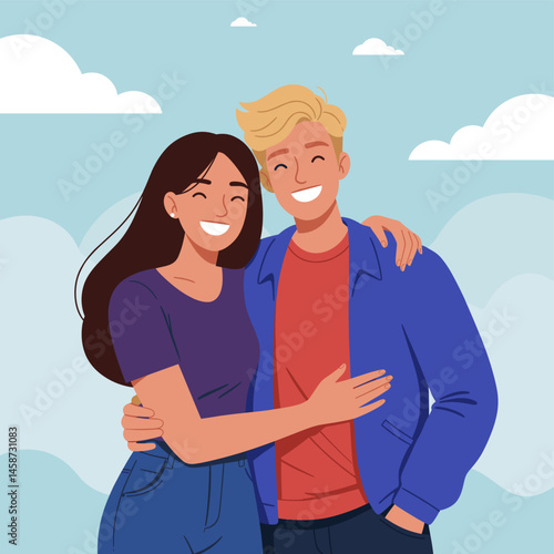 Affectionate Embrace: A warm, illustrated scene of a smiling couple enjoying a close embrace, radiating joy and connection amidst a serene, cloud-filled sky.