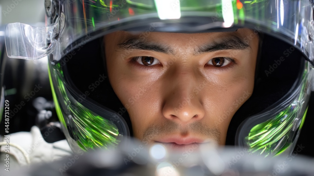 Close-up of focused Asian man in green helmet, formula one racer showing determination and motivation with intense gaze. Concept of sport