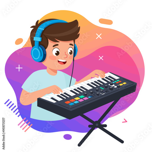 Young Prodigy's Musical Journey: A lively illustration showcases a young boy engrossed in the art of music, hands dancing across the keys of a synthesizer.