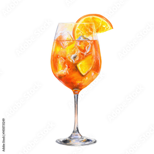 Aperol Spritz cocktail with orange slice and ice cubes, watercolor illustration, transparent background