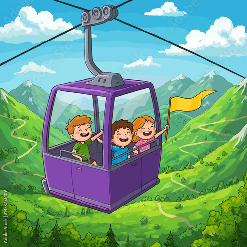 Happy children riding cable car in mountains