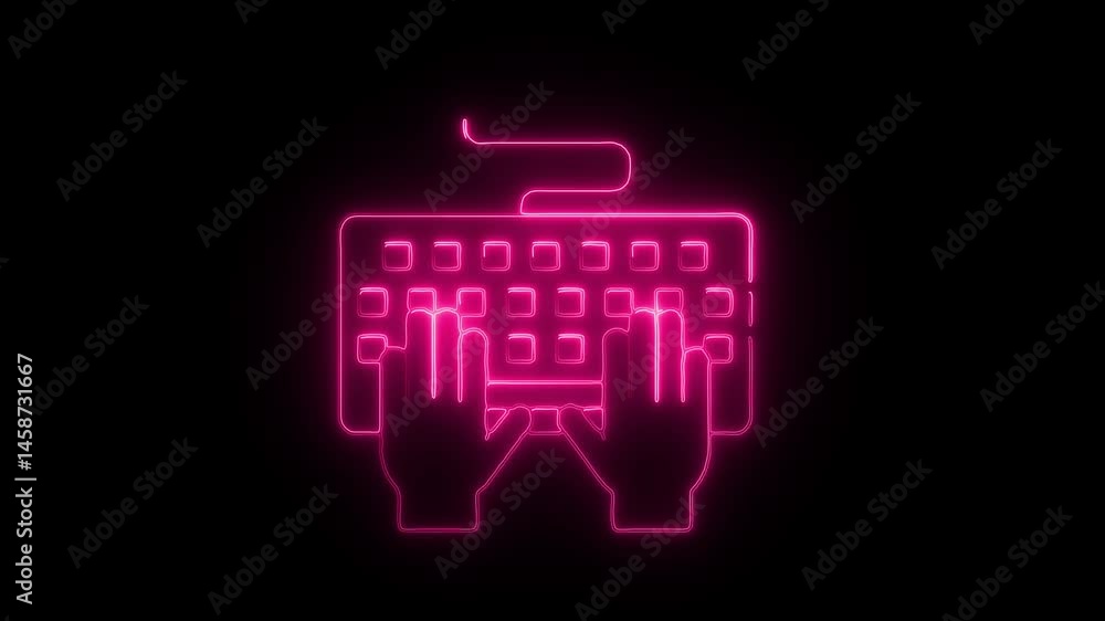 Glowing neon keyboard icon with hand Glowing neon keyboard icon with hand