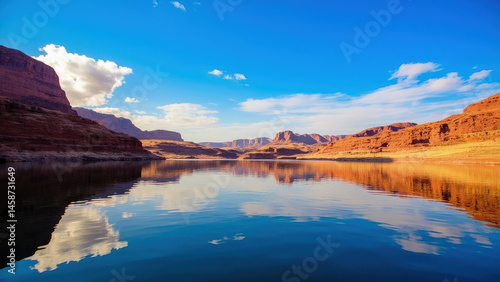Scenic landscape with calm lake reflecting red rock formations under a brilliant blue sky and clouds