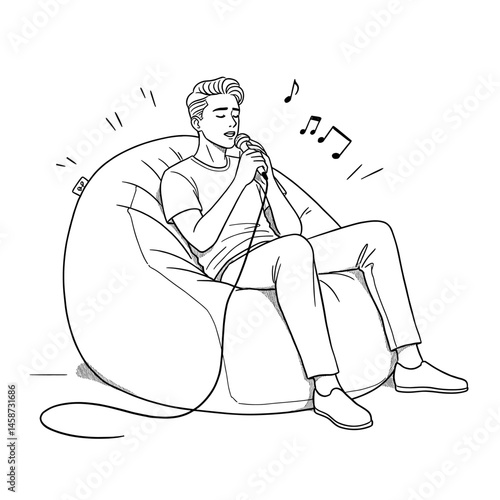 Person singing into microphone on bean bag chair