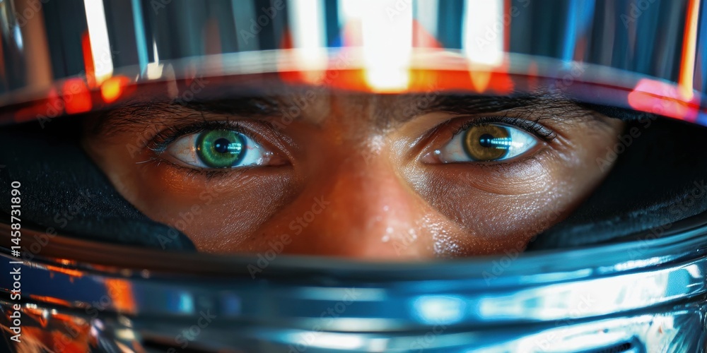 Сlose-up of male eyes, Formula One driver focused on race. Motivation to win. Concept of motorsport dedication, competition, race