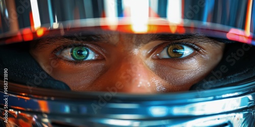Сlose-up of male eyes, Formula One driver focused on race. Motivation to win. Concept of motorsport dedication, competition, race