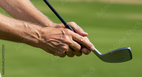 Close-up of senior man's hands holding golf club on green field
