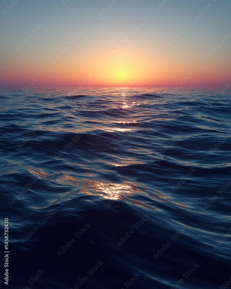 Obraz premium Endless tranquility unfolds as soft waves gently reflect the warm hues of dusk on a serene ocean horizon