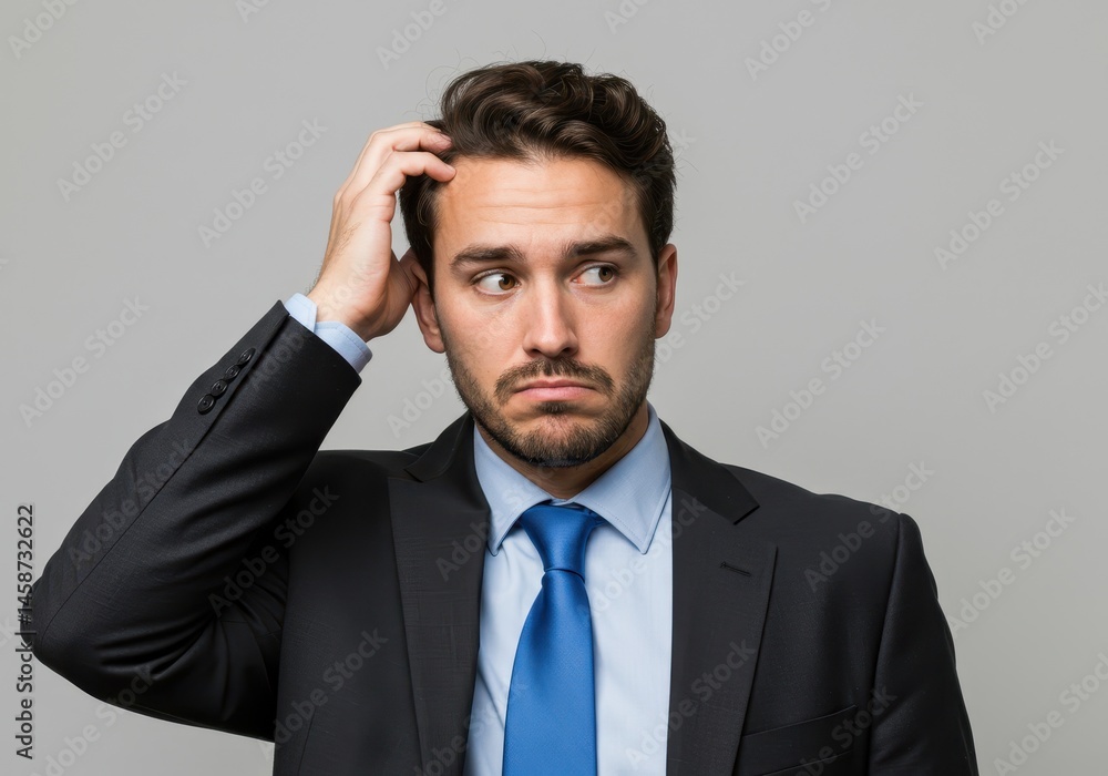 A man in a suit scratching his head with a confused expression looking to the side in a studio shot A man in a suit scratching his head with a confused expression looking to the side in a studio shot