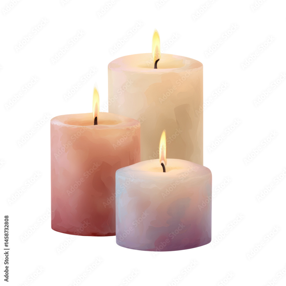 Trio of lit candles in soft pastel colors creating warm and cozy ambiance perfect for decor and relaxation Trio of lit candles in soft pastel colors creating warm and cozy ambiance perfect for decor and relaxation