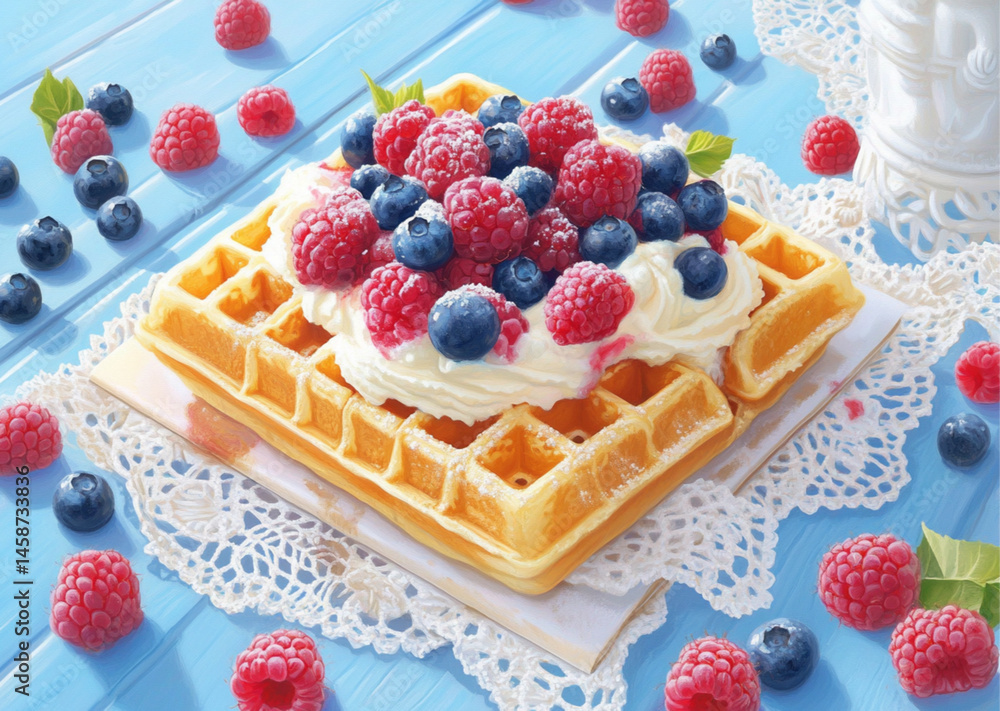 A square waffle with cream cheese and berries, placed on the table, fresh blueberries and raspberries scattered around it. The background is a light sky-blue wooden tabletop,white lace napkins