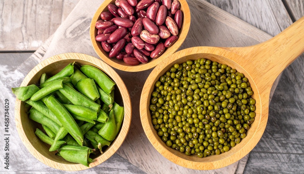 Fototapeta premium different green beans in different small wooden bowl