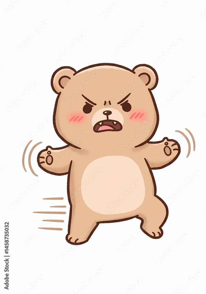 Cartoon bear exhibiting visible frustration and animated movement, expressing anger through facial expression and body language suitable for children's content Cartoon bear exhibiting visible frustration and animated movement, expressing anger through facial expression and body language suitable for children's content
