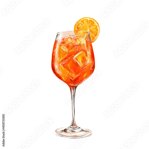 Side view Aperol Spritz garnished with orange wedge, watercolor illustration, transparent background