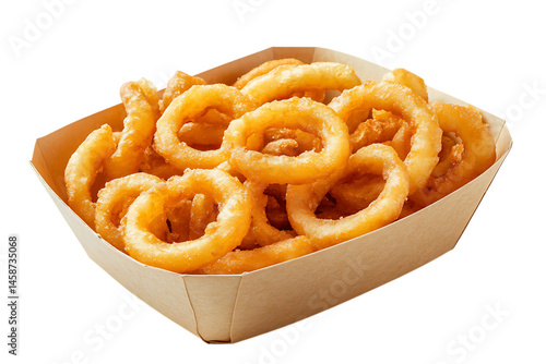Crispy Golden Onion Rings in a Paper Box on transparent background