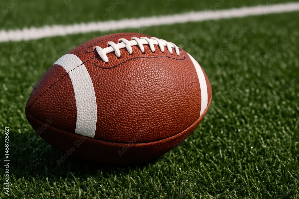 Obraz premium Football Resting on Artificial Turf, Symbolizing Team Sports and the Excitement of the Game, Featuring Crisp Details